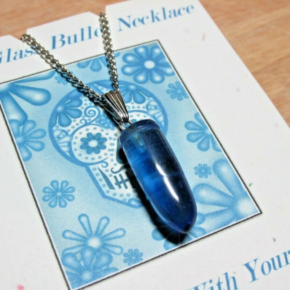 Handmade Cobalt Glass Bullet "Hit Me With Your Best Shot" Card Necklace